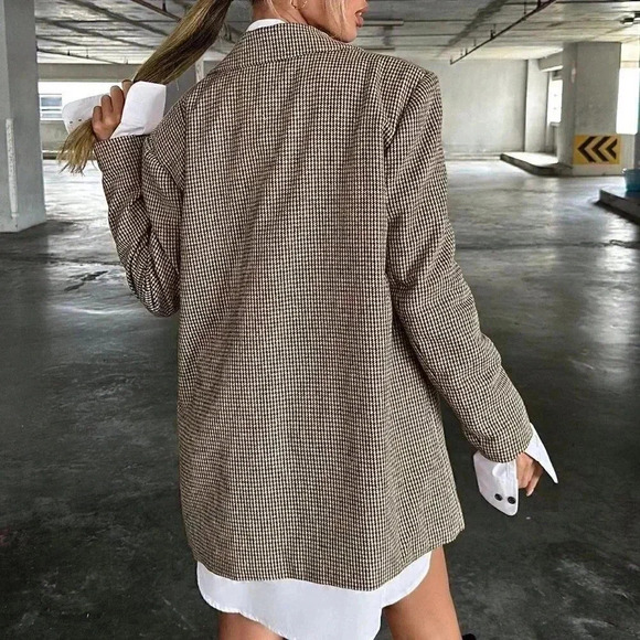 Brown Preppy Womens Lapel Neck Flap Detail Single Button Blazer - Picture 3 of 5